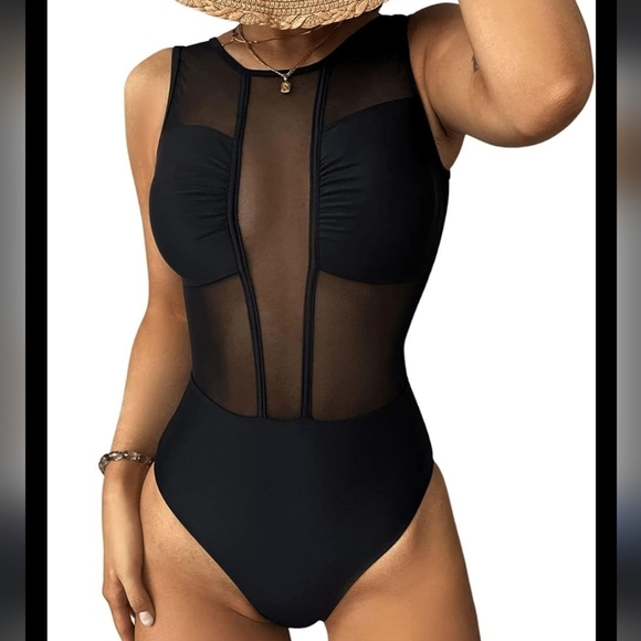 Black One Piece Swimsuit with Plunging Neckline and High-Cut Legs - Picture 1 of 4